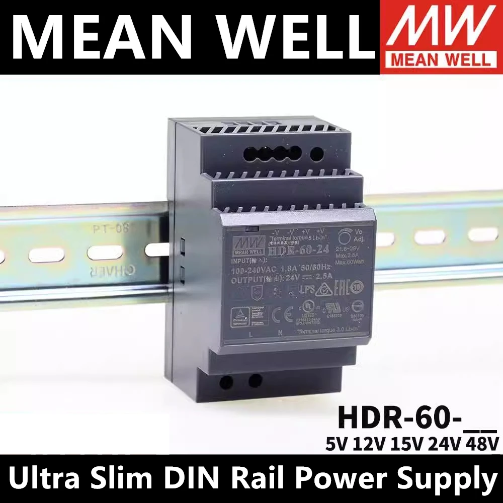 Mean Well HDR-60 60 Вт 85-в переменного тока в 5 В, 12 В, 15 В, 24 В, 48 В, meanwell, сверхтонкий источник питания на DIN-рейку, Φ