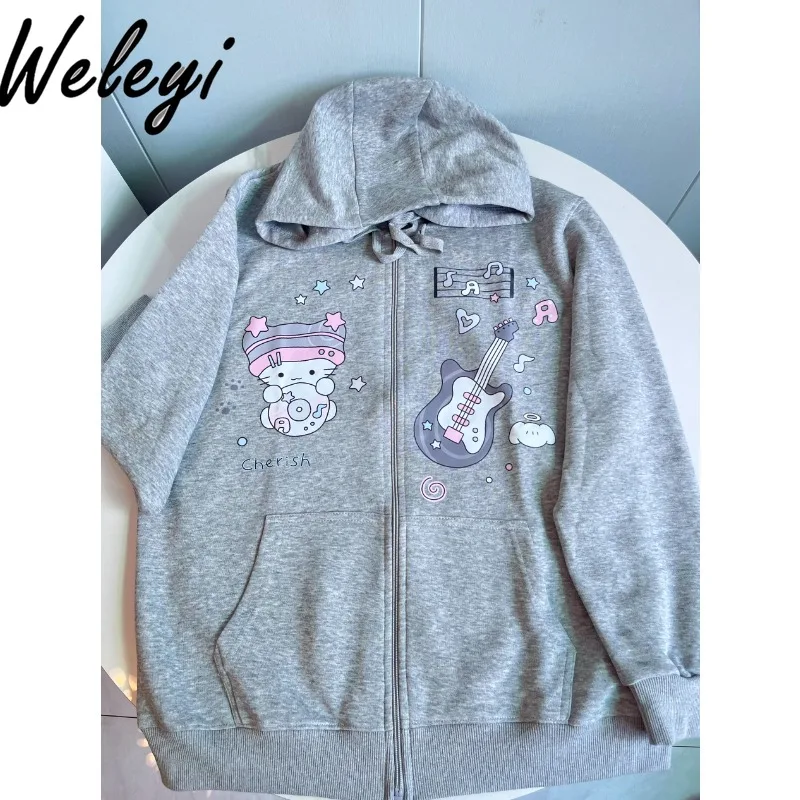 Серый кардиган с принтом Счастливый котенок в студенческом стиле женская