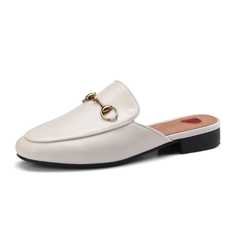 Baotou Half Slippers Female Wearing 2023 New Style of Horse Buckle Leather Sandals Heelless Lazy Shoes Flat Muller Shoes A-8