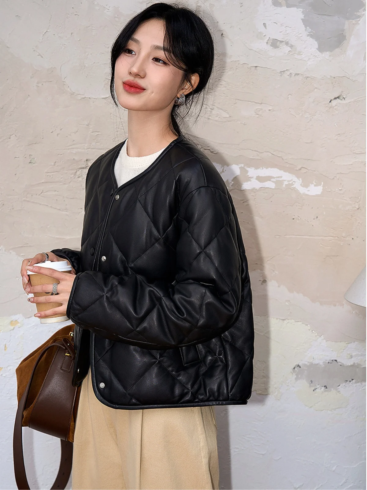 24-Year Non-Coated Leather 95 White Goose Down down Coat Diamond-Shaped Plaid Loose Short Down jacket Women...