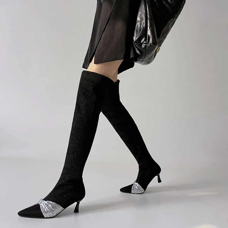 

Великолепные тканевые сапоги с блестками, привлекательные Женские Сапоги выше колена с острым носком и круглым каблуком, блестящие длинные эластичные сапоги на молнии