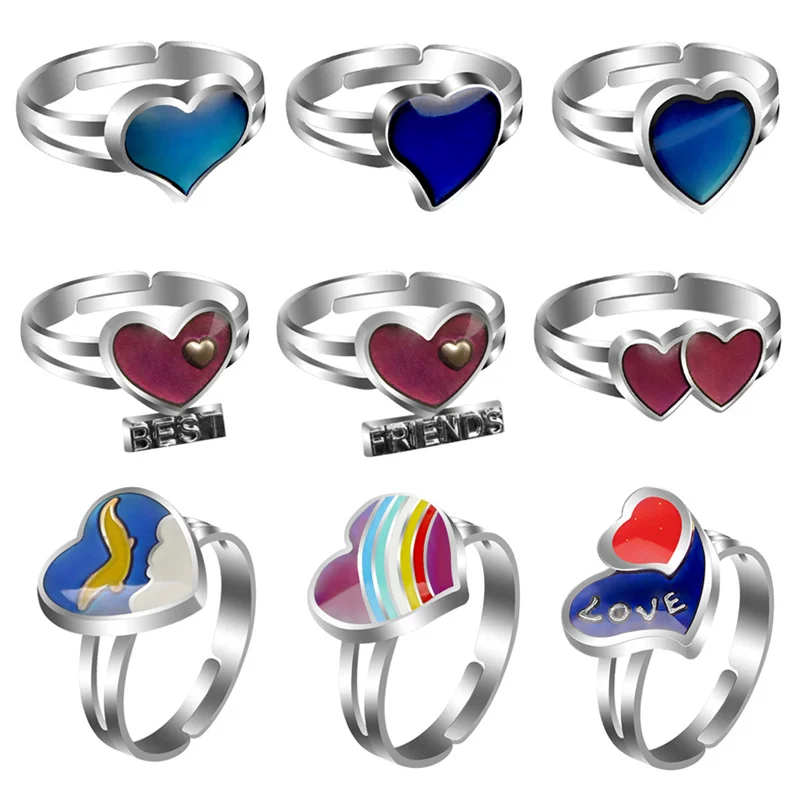 

Sweet Rainbow Heart Shaped Temperature Sensing Change Color Mood Rings Women Peach Heart Letter Friendship Ring Jewelry Gifts