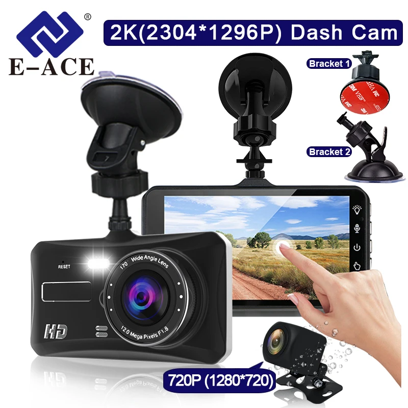 E-ACE 2K Dash Cam Front And Rear Camera CAR DVR Car Video Recorder Vehicle Black Box FULL HD 1296P Night Vision Driver Recorder