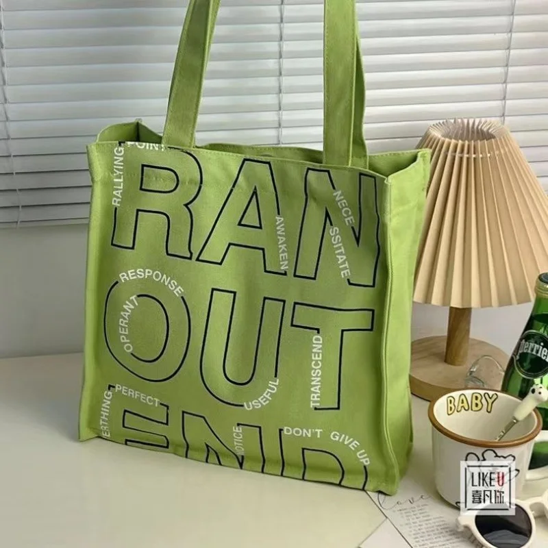 Green Korean Style Ins Spring Green Letter Canvas Shoulder Bag Students Portable Canvas Tote Bag Shopping Bag