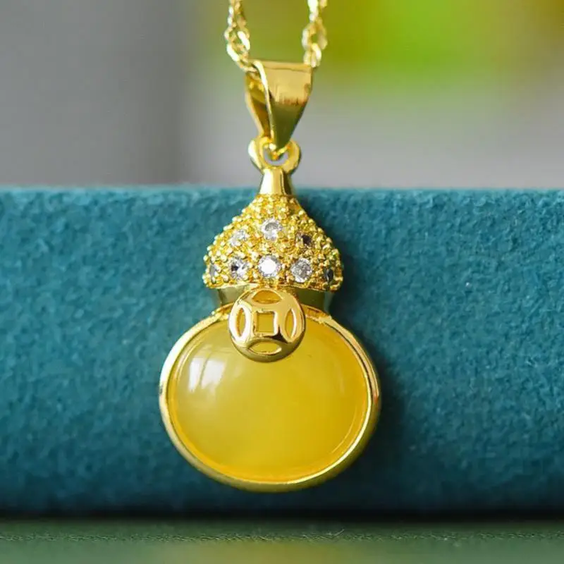 

Genuine Baltic Ambers Gourd Pendant Necklace Women Feng Shui Charms Natural Amber Zircon Coin Gold Gourd Lucky Amulets Necklaces