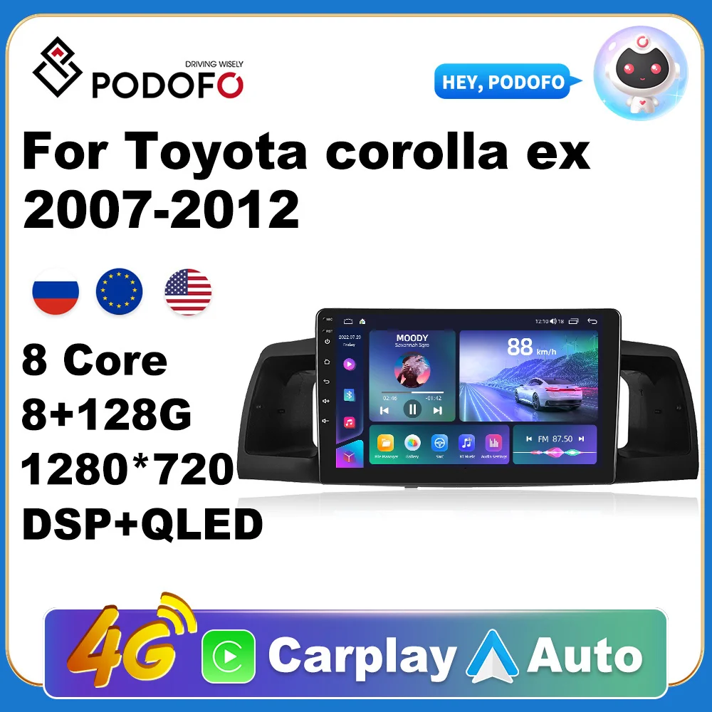 Podofo Android 11 автомобильное радио для Toyota Corolla ex 2007-2012 Мультимедиа Видео плеер GPS 2din