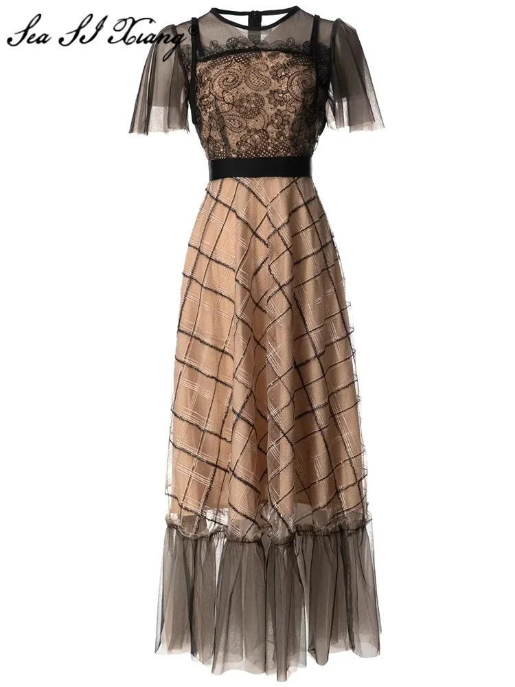 

Seasixiang Fashion Designer Summer Mesh Dress Women O-Neck Flare Sleeve Embroidery Ruffle Vintage Party Long Dresses