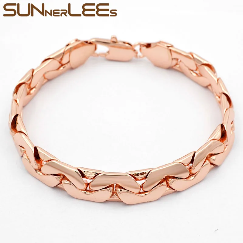 

SUNNERLEES Fashion Jewelry Rose Gold Color Bracelet 10mm Ingot Link Chain For Mens Womens Gift C13