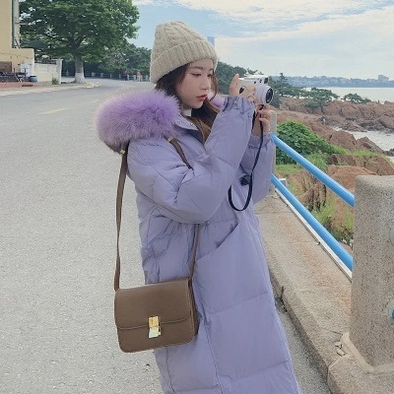 Office Lady Warm Elegant Coats Trench Fashion Thick Jacket Women Solid Casual Big Fur Collar Hooded Long Loose Thickened Jackets