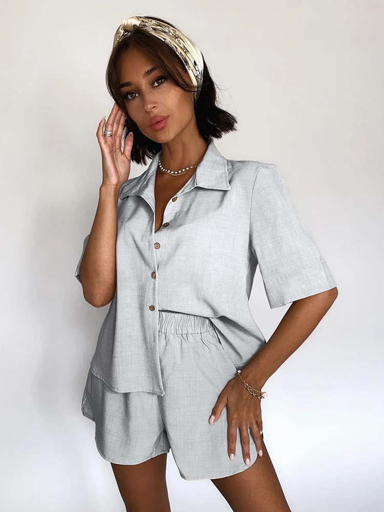 

Hiloc Short Sleeve Grey Sleepwear Women's Cotton High Waist Pajama Single-Breastd Women Short Sets Turn Down Collar Loungewear