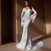 boho lace mermaid 2022 summer wedding dress flare sleeves floor length long bridal gown for bride sweetheart neck zipper back