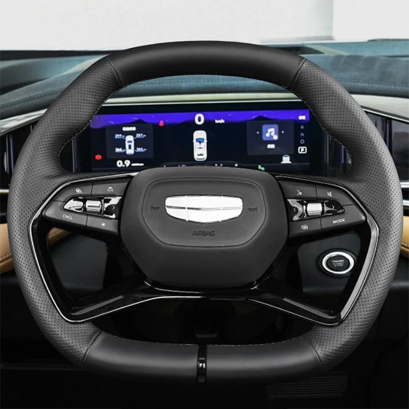 

DIY индивидуальный чехол на руль автомобиля с ручным шитьем для Geely Atlas Azkarra Atlas Pro, автомобильные аксессуары из натуральной кожи 38 см