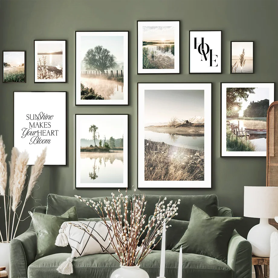 

Wall Art Canvas Painting Green Grassland Tree White Flower River Nordic Posters And Prints Wall Pictures For Living Room Decor