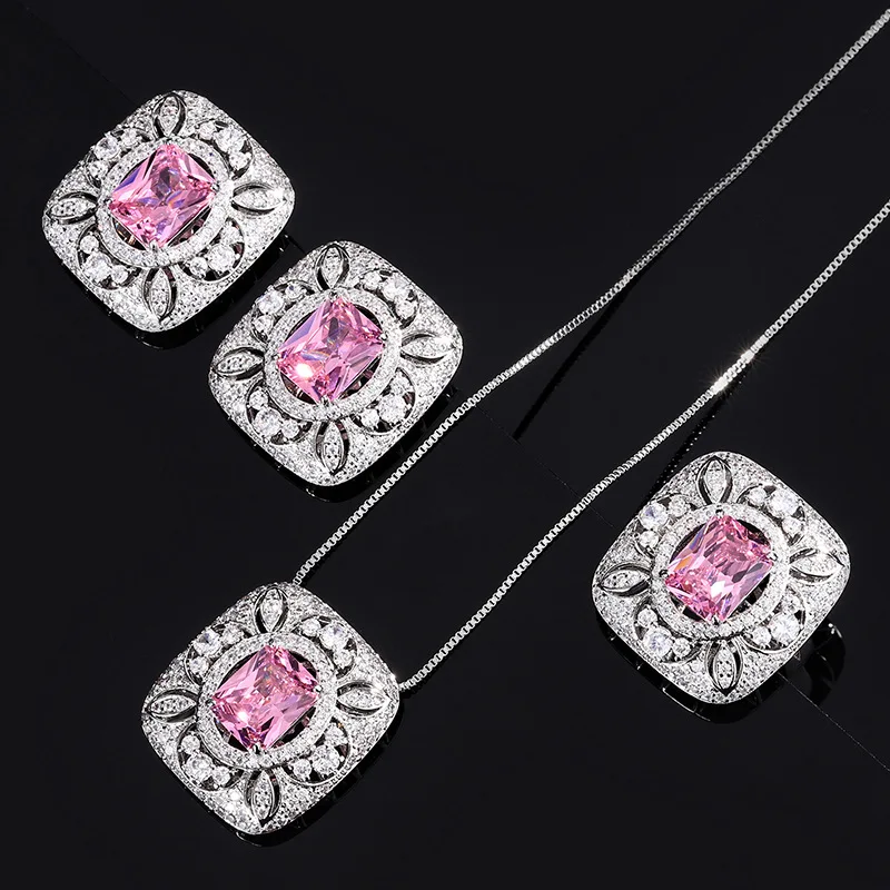 

Luxury Pink Jewelry Sets 925 Sterling Silver Sparkling Zircon Elegant Pendant Necklace Ring Earring Women Wedding Party Jewelry