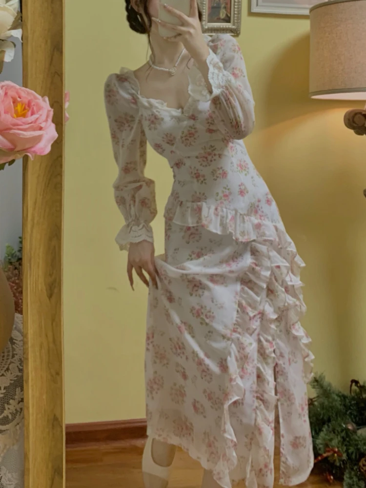 Женское винтажное платье миди с цветочным принтом элегантное кружевное разрезом