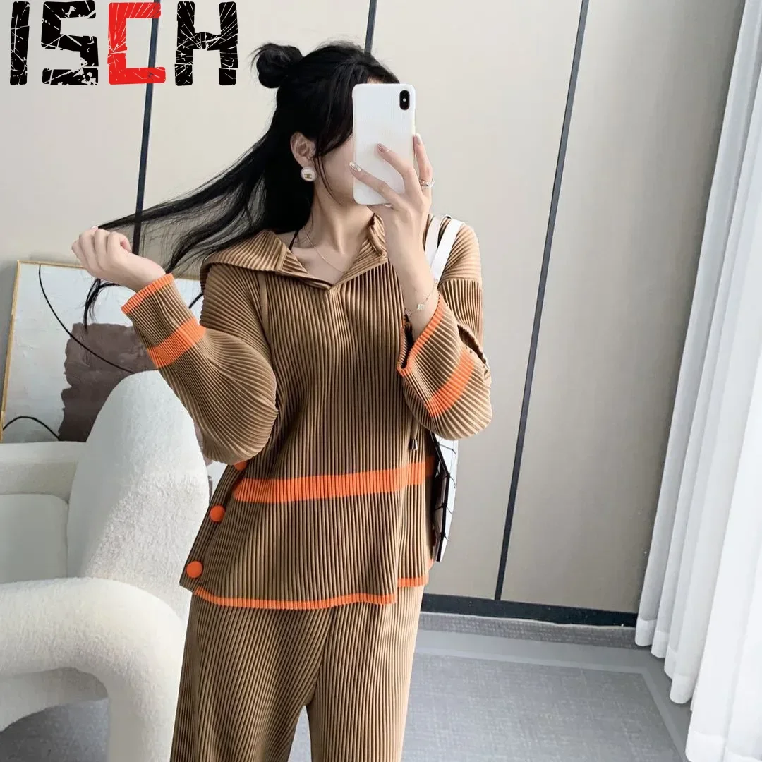 Плиссированный свитер со складками толстовка повседневный Цветной полосатый с