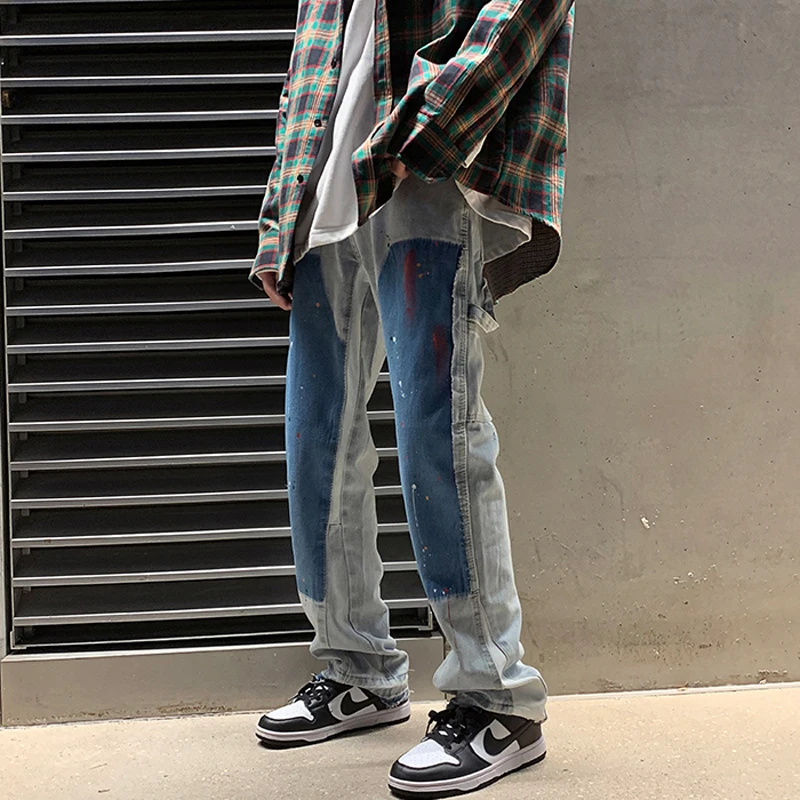 Jeans Men's High Street Paint Spot Jeans Men's Straight Loose Casual Hip Hop Design Wide Leg Mopping Pants Y2k Aesthetic Pants