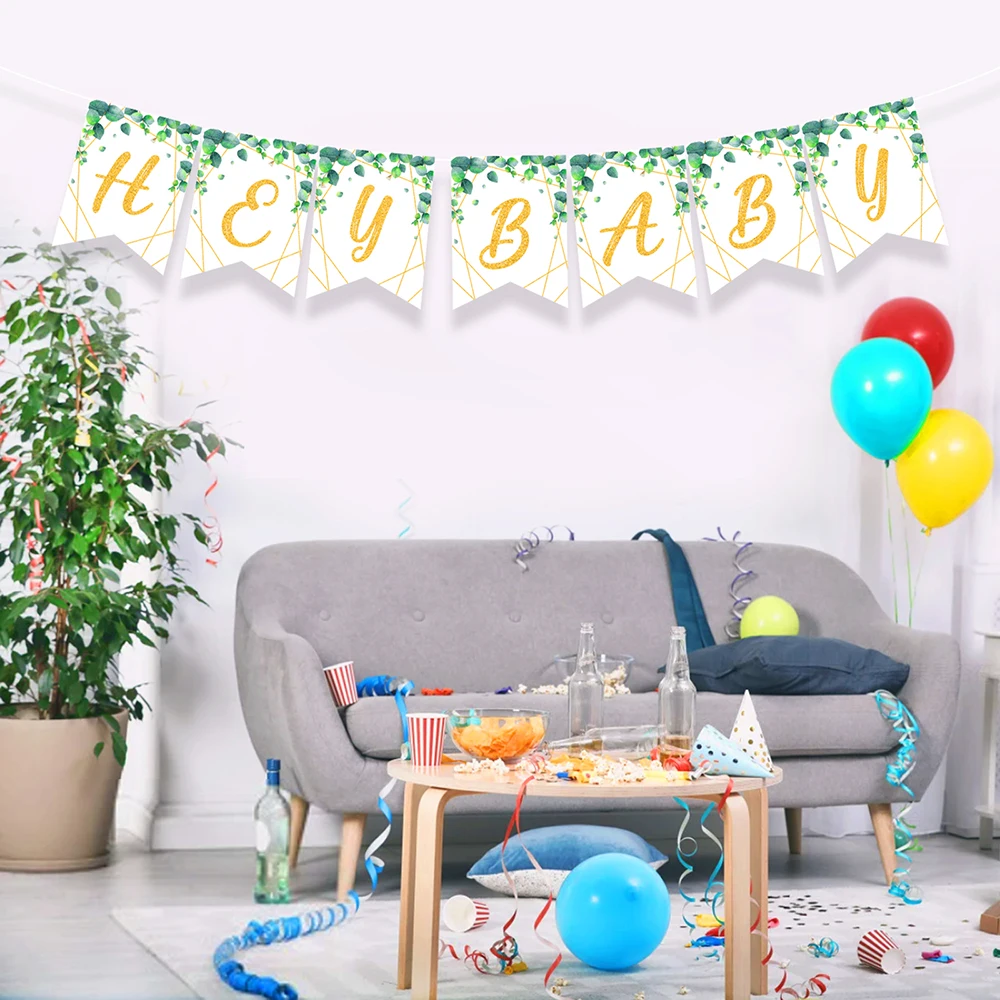 

Kids Green Hawaii Leaf Oh Baby Happy Birthday Party Wall Ceiling Hanging Letter HEY BABY Banners Baby Shower Party Decorations