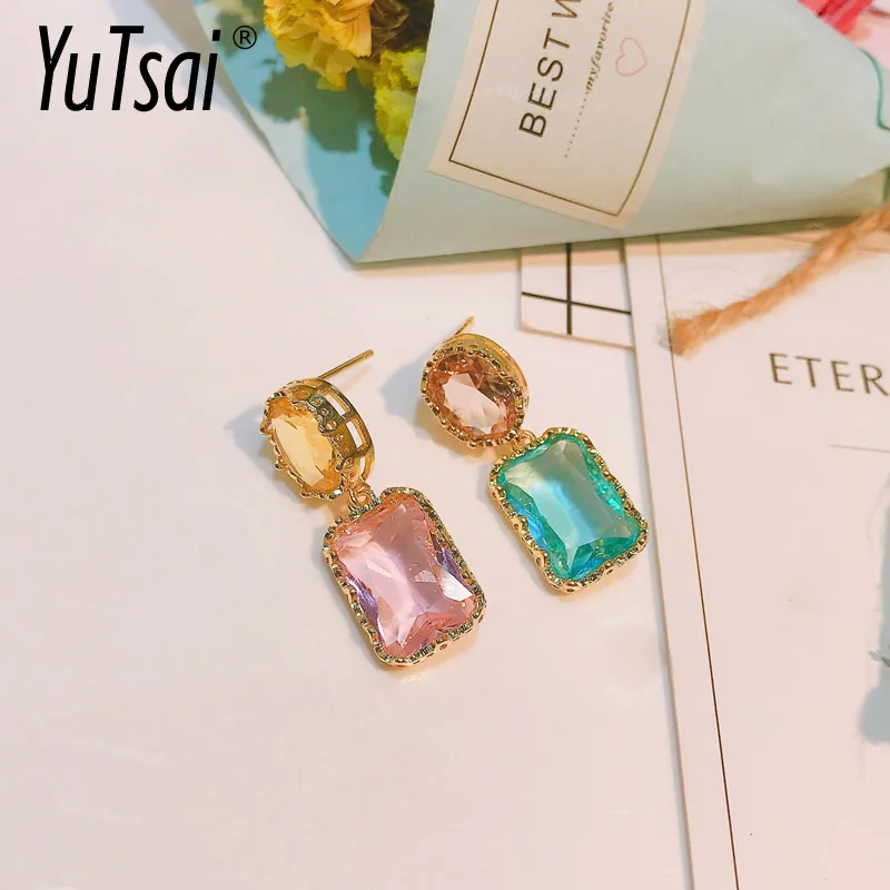 

YUTSAI Vintage Fashion Crystal Drop Earrings Alloy Pink Blue Geometric Earrings for Women Jewelry Gifts YT782