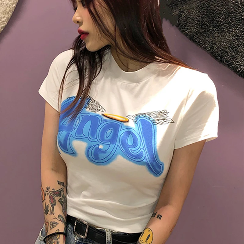 

Short Sleeve Short Top Punk Harajuku Gothic Short Sleeve Streetwear 90s Letter Print Slim Clothes Top T-shirt Women's clothing