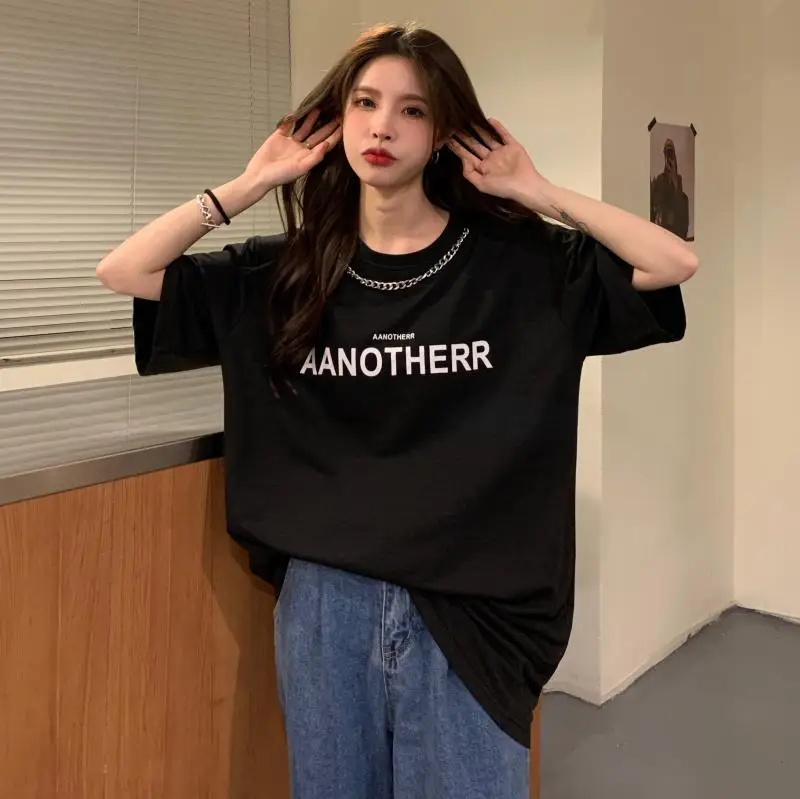 

7455 Корейская версия свободная футболка средней длины в стиле хип-хоп BF с принтом букв и короткими рукавами