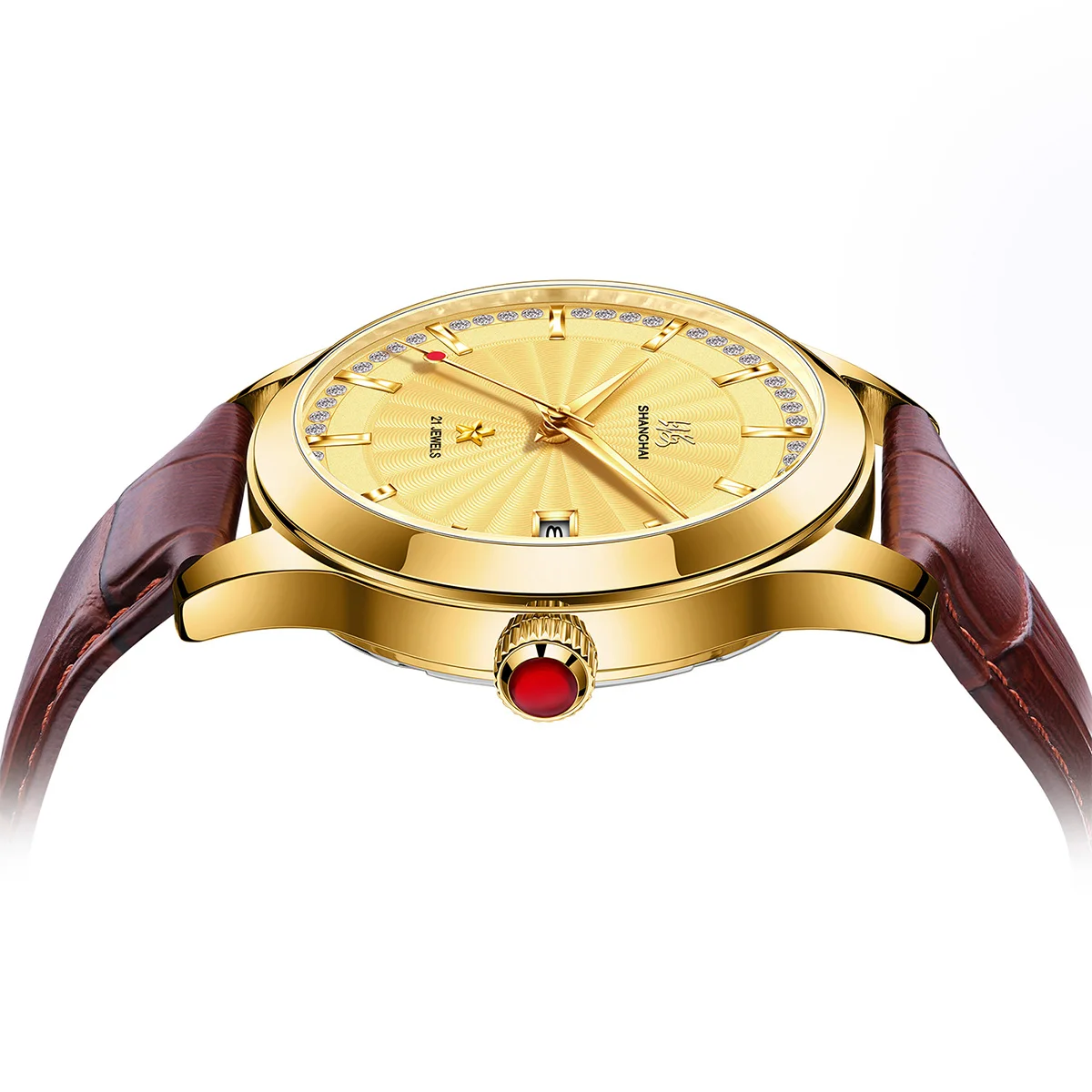 Фото Мужские наручные часы Shanghai Watch 18K Gold Star, 41 мм, с сапфировым стеклом, автоматическим механическим механизмом, календарем, кожаным ремешком, S8933 №4