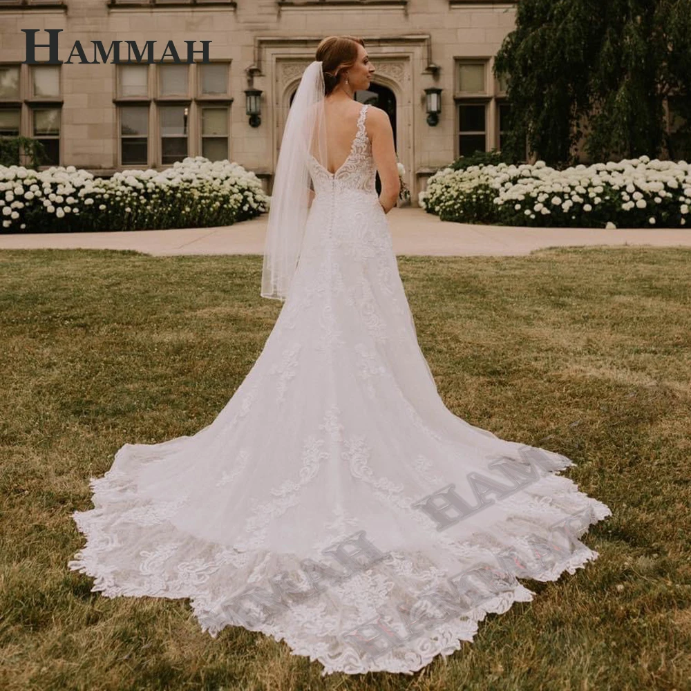 

HAMMAH Mermaid Wedding Dresses For Women Tank Appliques V Neck Royal Train Sleeveless Button Vestidos De Novia Custom Made