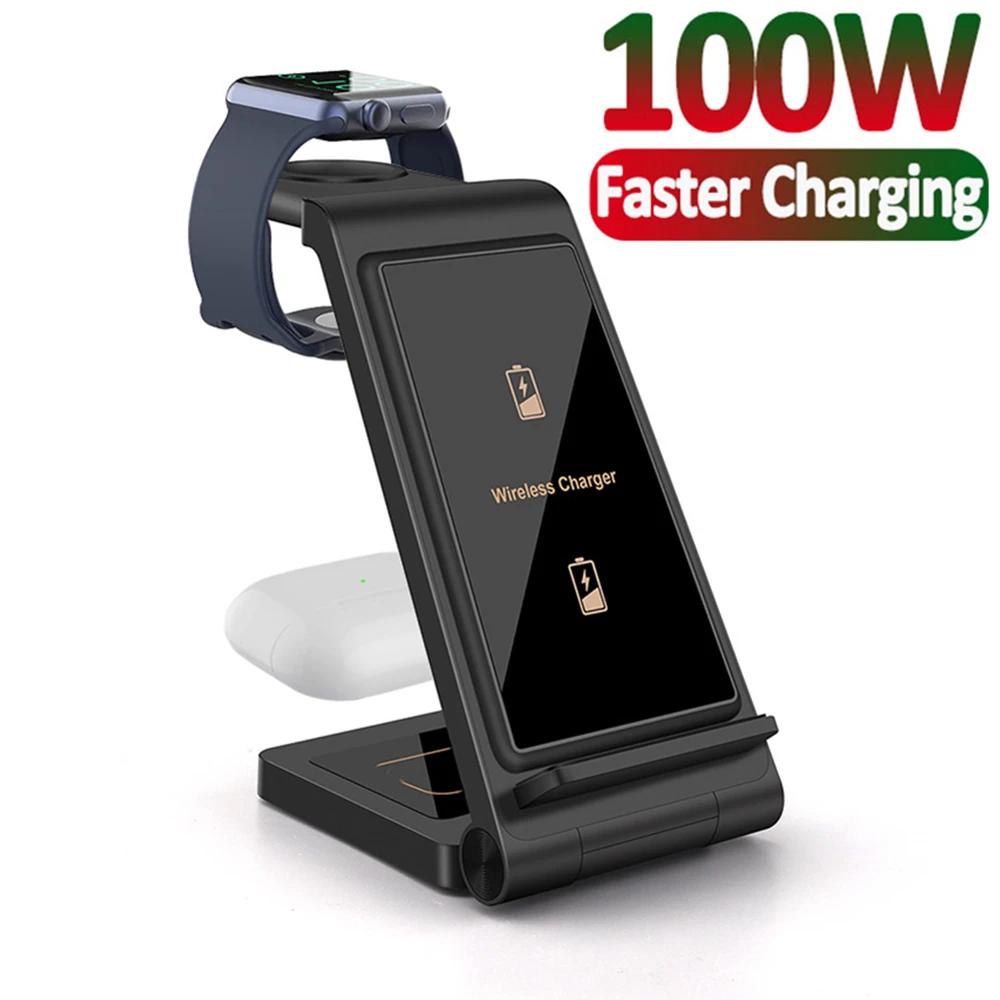 

100W Wireless Charger 3 in 1 For iPhone 14 13 12 11 Pro MAX XR X Foldable Charging Dock Station For Apple Watch 8 7 Airpods Pro2
