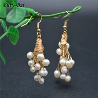 handmade golden winding natural white round pearl beads chandelier shape dangle earrings fashion wedding party jewelry gift