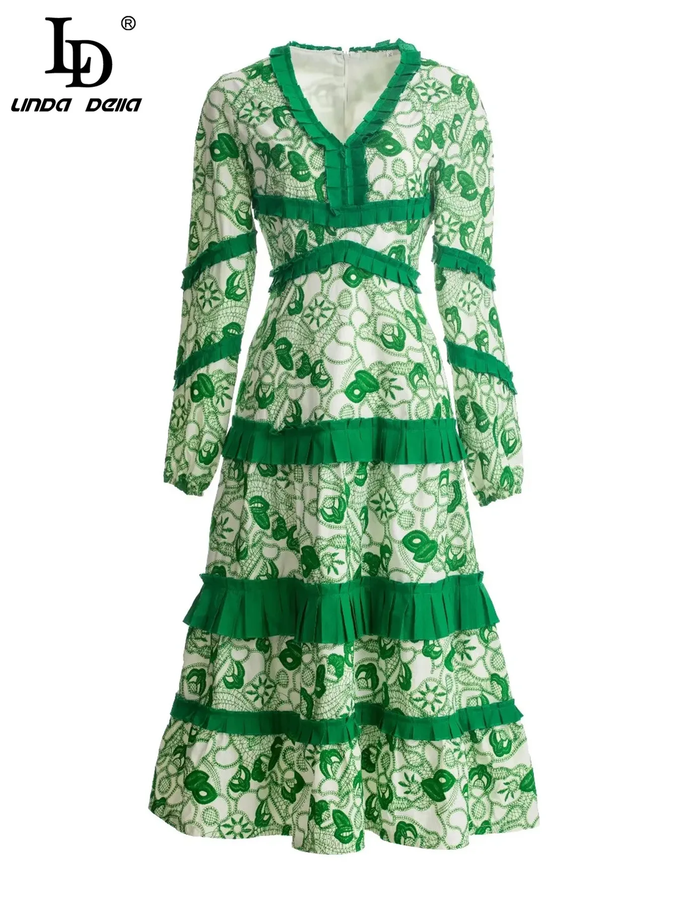 

LD LINDA DELLA Autumn Fashion Designer Dress Women's Lantern sleeve ruffles Floral embroidery Party Elegant Midi Dresses