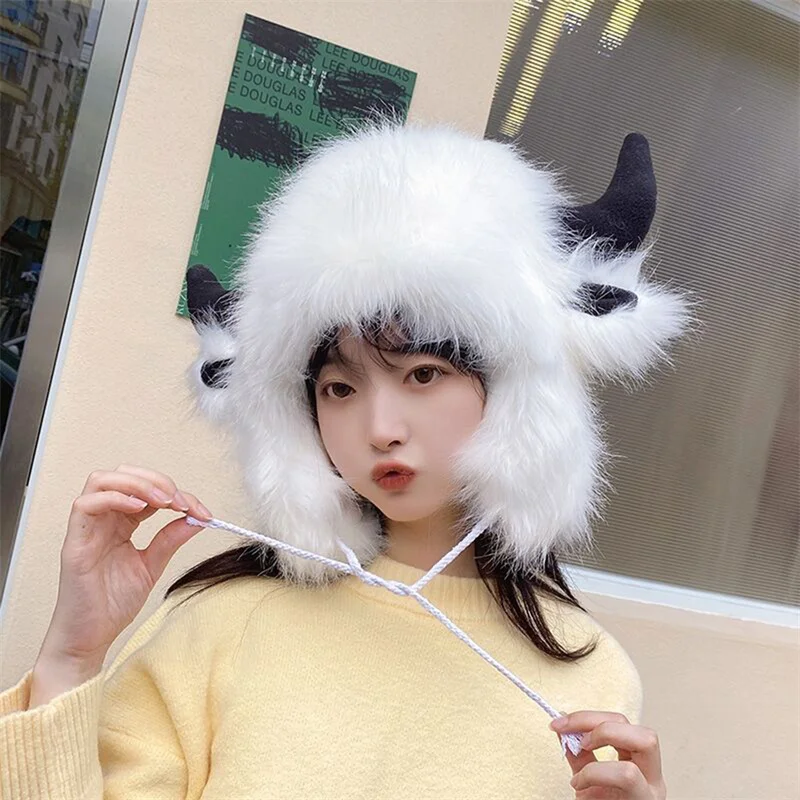 

Women Men Winter Furry Plush Snow Trapper Hat Cute Ox Horns Deer Antlers Fluffy Animal Cap With Ear Flap Cosplay Earmuff