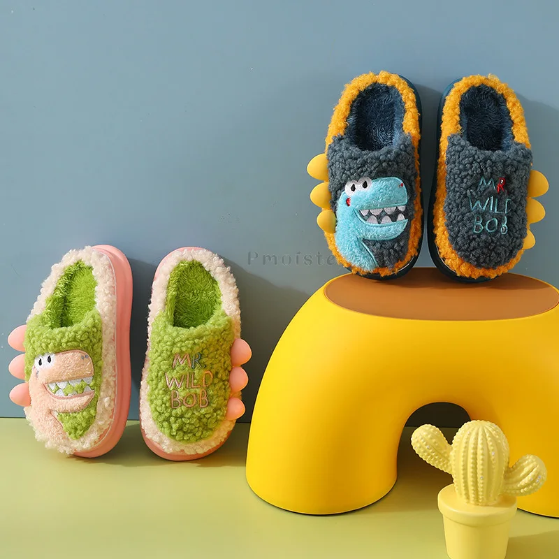 Autumn Winter Women's Home Slippers Cute Dinosaur Warm Plush Girls House Slippers Soft Non-Slip Thick Sole Slippers Indoor Child