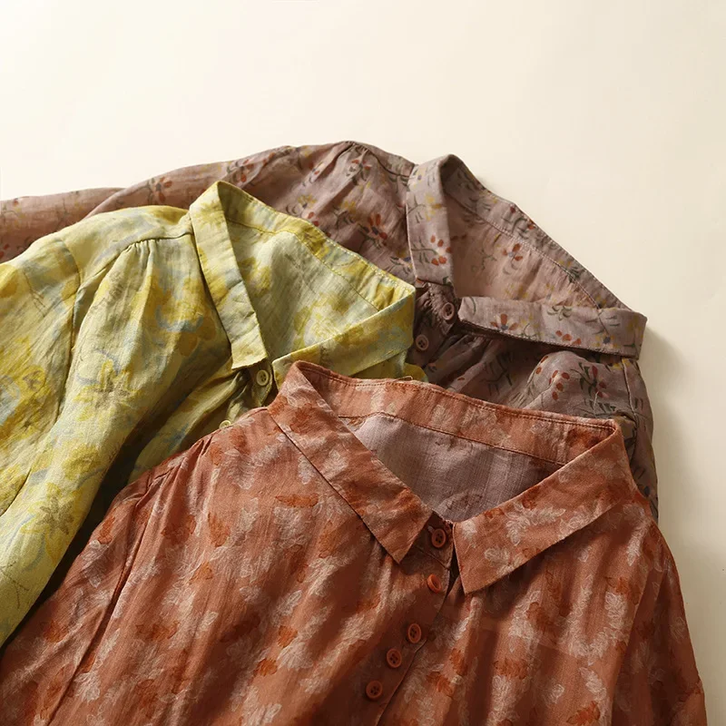 Лето 2022 новая рубашка из конопли цветочного цвета женская свободная со средним