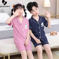 new 2022 kids boys girls silky pajamas cartoon short sleeve lapel shirt tops with shorts baby summer loose sleeping clothes sets