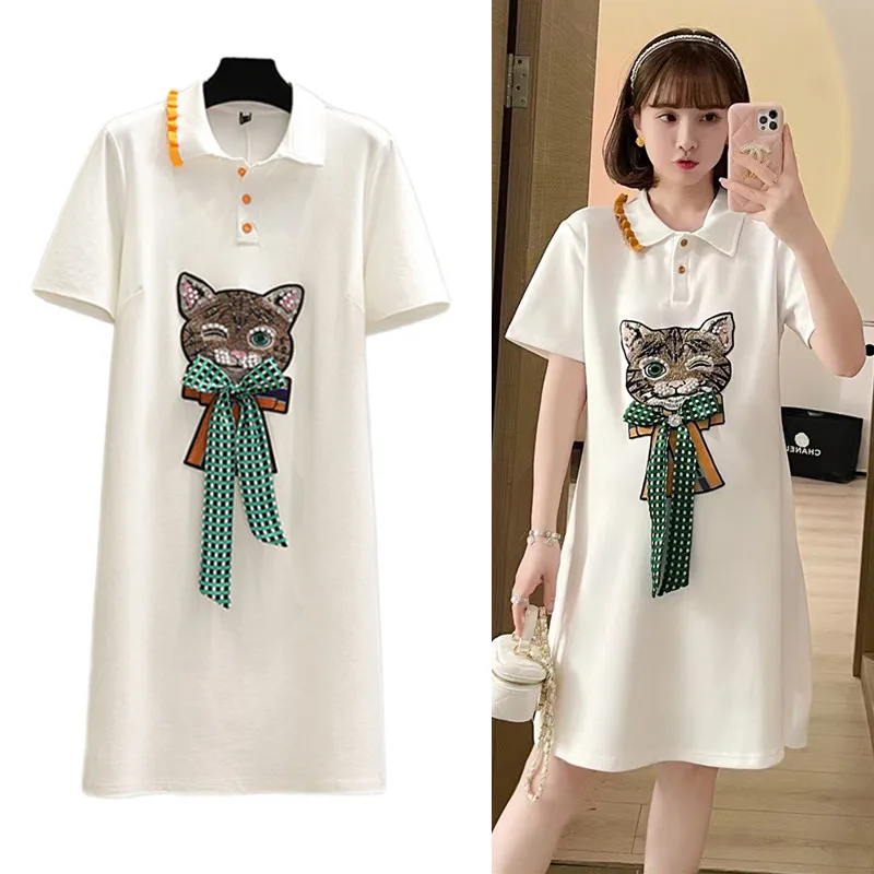 

Женская хлопковая футболка с коротким рукавом и вышитым бисером из мультфильма, 2022 Повседневное платье с рюшами и отворотами, бантиком, сво...