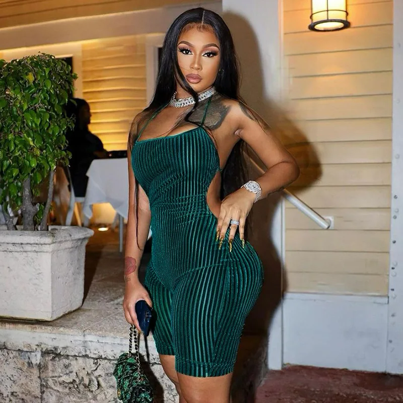 

velvet playsuit women jumpsuits one piece outfits open back hollow out shorts joggeres halter stripes rompers bodycon body suit