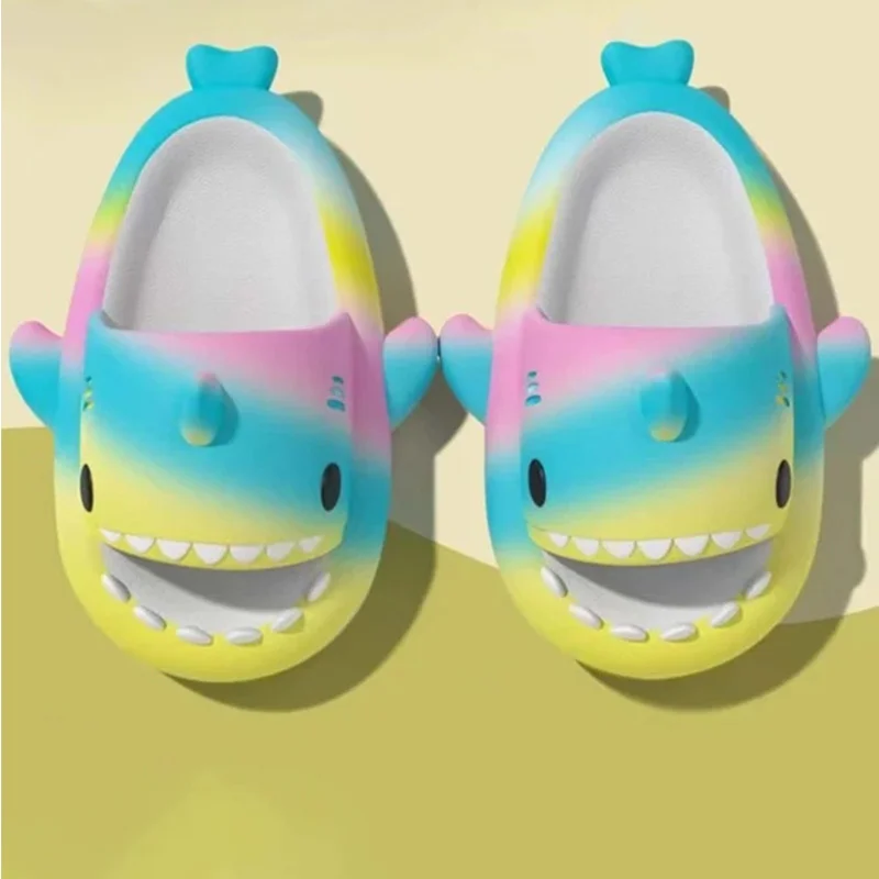 

Women Shark Rainbow Design Single Band Slides 2023 New Summer EVA Slippers Platform Cartoon Beach Sandals Woman Shoes