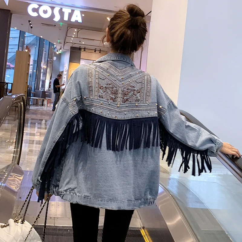 

Jeans Jackets Coat For Women Spring Autumn Chic Clothes Personalized Tassel Embroidery Denim Outwear Ladies Casual Streetwear