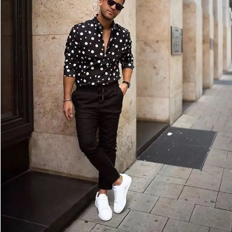 2022 New Single Breasted Black Dot Men's Shirts Business Casual Fashion Long Sleeve Fleece Men's Shirts Autumn Slim Shirts for M