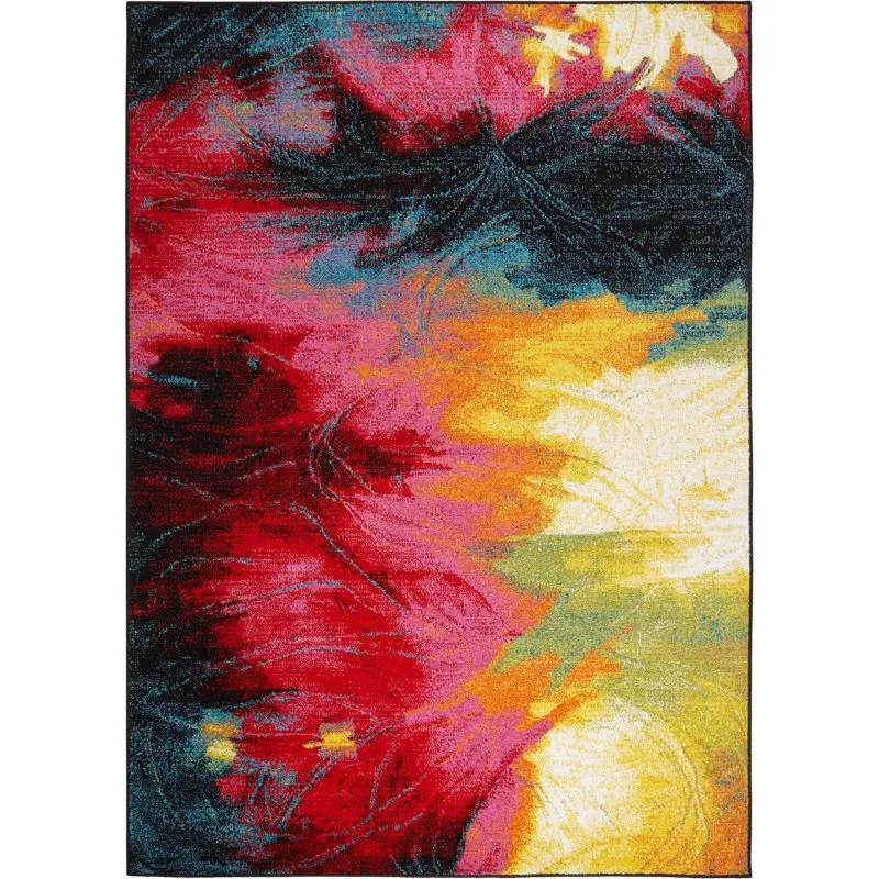 

Modern Abstract Mondrian Area Rug, Black/Pink, 5'2"x7'2"