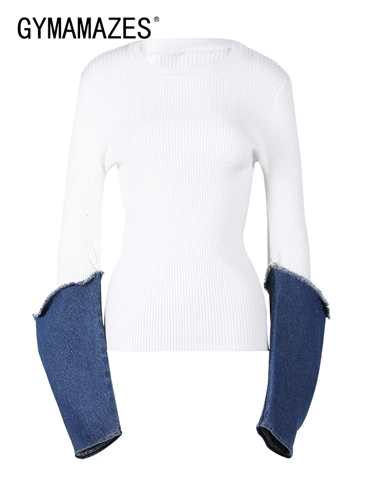 

GYMAMAZES Spliced Denim Knitting Sweaters For Women Round Neck Long Sleeve Pullover Minimalist Colorblock Sweater Female Fashion