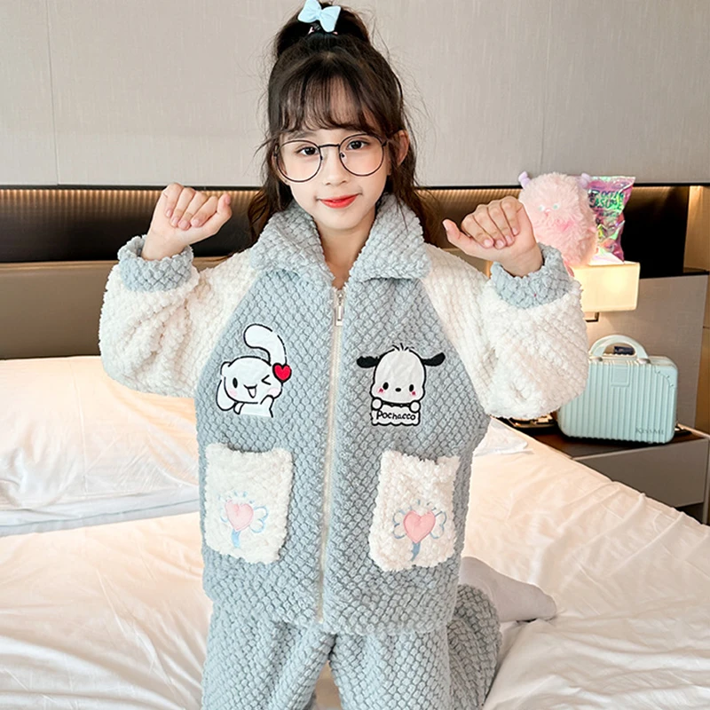 

Sanrio Animation Peripheral Cinnamoroll Kawaii Flannel Children Cotton Clothing Winter Cartoon High-Quality Home Clothing Set