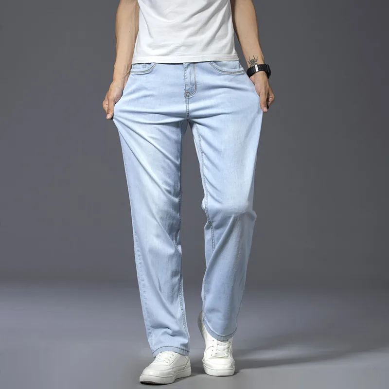 2022 Summer New Business Casual Light Blue Jeans Comfortable and Soft High-quality Cotton Stretch Men's Straight Brand Trousers