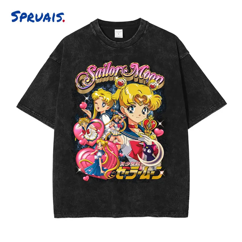 

Tsukino Usagi T Shirts Vintage Washed Anime Sailor Moon Oversized T-shirts Streetwear Manga Chibiusa Short Sleeve Girl Tops Tees