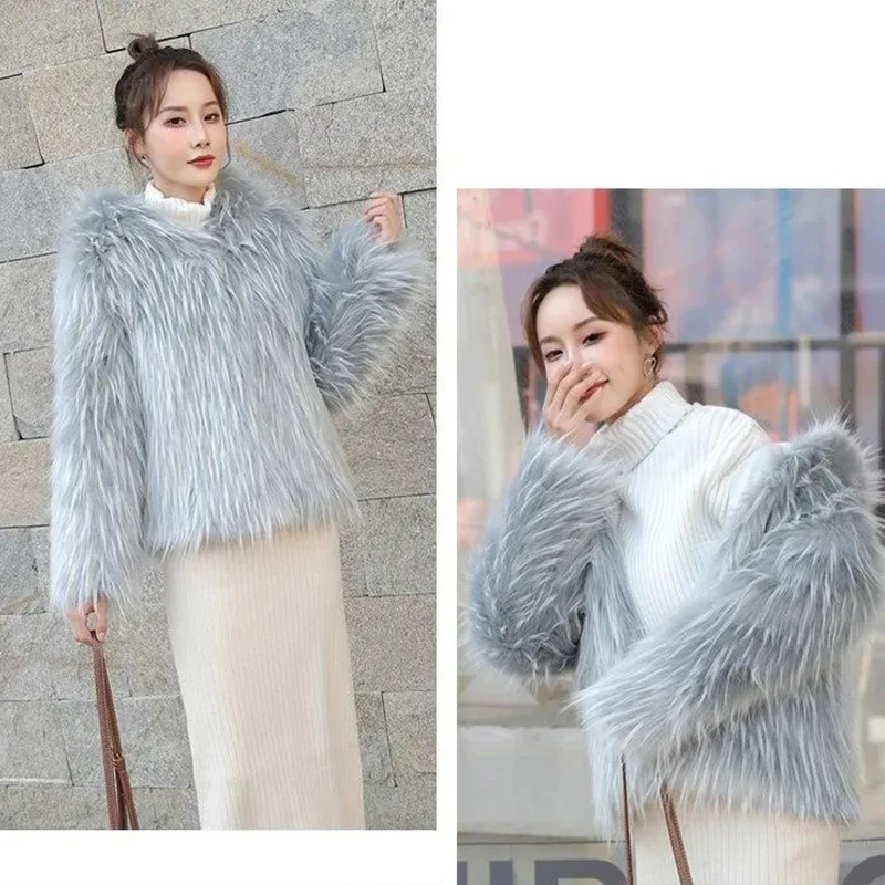 Fur For women Furry Short Winter Faux Fur Coat Women Long Sleeve O-Neck Warm Soft Fluffy Fashion manteau femme hiver