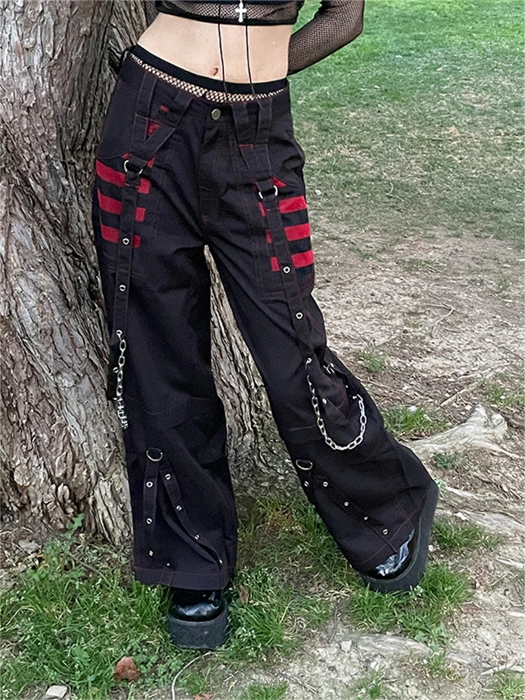 

Gothic Egirl Wide Bandage Pants with Chain Women Dark Aesthetic Punk Style Jeans Female Gothic Streetwear Y2k Wide Leg Trousers