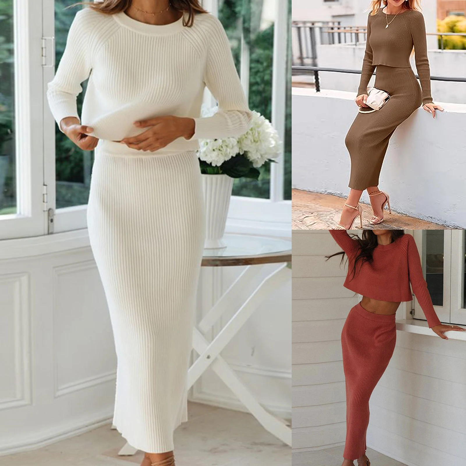 

Cotton Blended Fall 2 Piece Sweater Set Navel Exposed Ladies Long Sleeve Top Maxi Skirt Side Slit Loose Fit Vacation Outfit