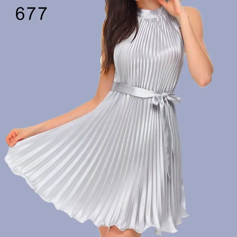 

Fashion pleated dress summer sleeveless satin elegant casual dress for women
