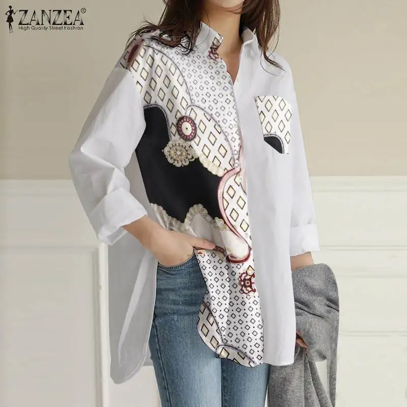 

Spring Autumn Printed Tops ZANZEA Vintage Lapel Blouse Female Casual Oversized Shirt OL Chemise Women Fashion Long Sleeve Blusas