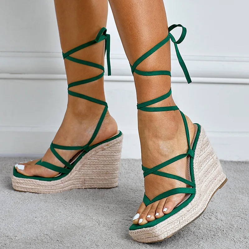 

Summer Green Black Women Sandals Rome Cross-Strap Wedges Shoes Hemp Rope Thick Sole Peep Toe Super High Heels